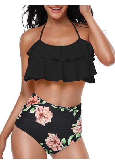 Floral Print Knotted Back Overlay Bikini Set - Black S