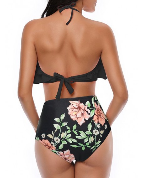 Floral Print Knotted Back Overlay Bikini Set - Black S