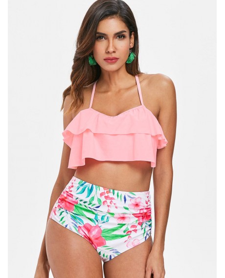 Halter Flounce Floral Print Bikini Set - Pig Pink S