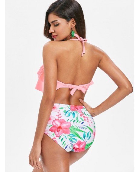 Halter Flounce Floral Print Bikini Set - Pig Pink S