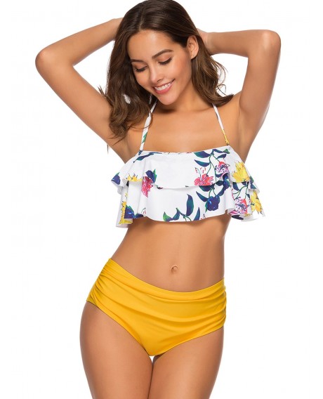 Halter Flounce Flower Print Bikini Set - Yellow S
