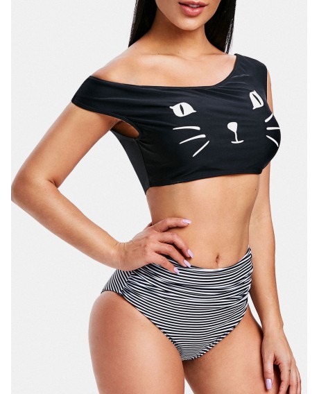 Cat Print Ruched Skew Neck Bikini Set - Black L