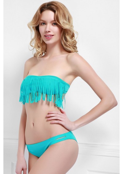 Fashionable Strapless Tassel Bikini Set For Women - Azure L