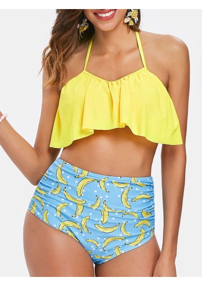 Banana Print Halter Flounce Bikini Set - Yellow S