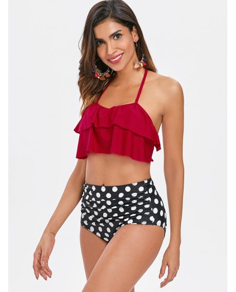 Halter Flounce Polka Dot Print Bikini Set - Red Xl