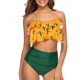 Cactus Print Halter Flounce Bikini Set - Yellow L