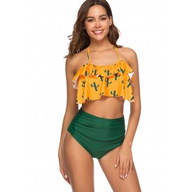 Cactus Print Halter Flounce Bikini Set - Yellow L