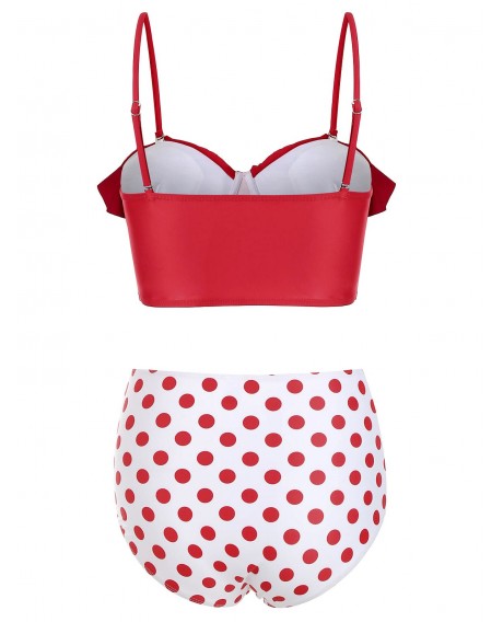 Flounced Polka Dot Ruched Bikini Set - Red L