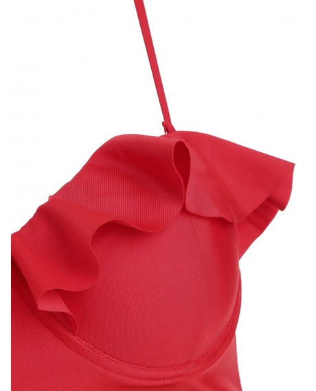 Flounced Polka Dot Ruched Bikini Set - Red L