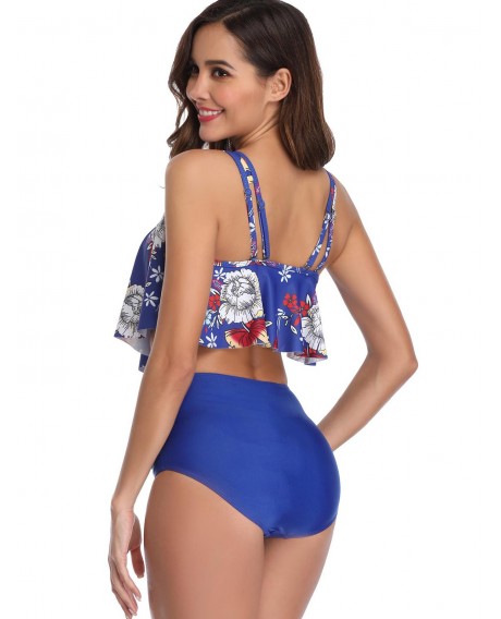 U Neck Floral Print Ruched Bikini Set - Cobalt Blue L