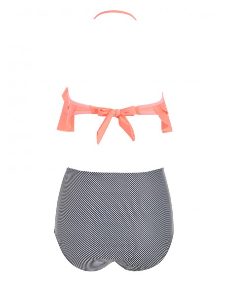 Striped Print Halter Flounce Bikini Set - Basket Ball Orange M