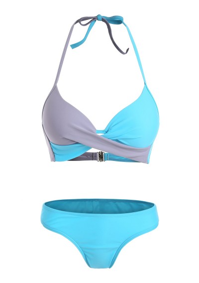 Twist Front Contrast Padded Bikini Set - Deep Sky Blue S
