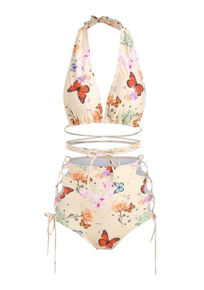 Halter Floral Butterfly Print Lace Up Bikini Set - Blanched Almond L