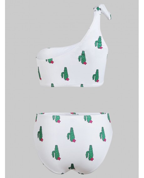 One Shoulder Cactus Print Bikini Set - White L