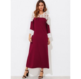 Contrast Lace Insert Maxi Dress - Red Wine S