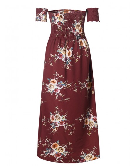 Smocked Off Shoulder Long Flower Print Dress - Chestnut Red S