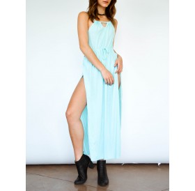 Spaghetti Strap Thigh High Split Maxi Dress - Light Blue S