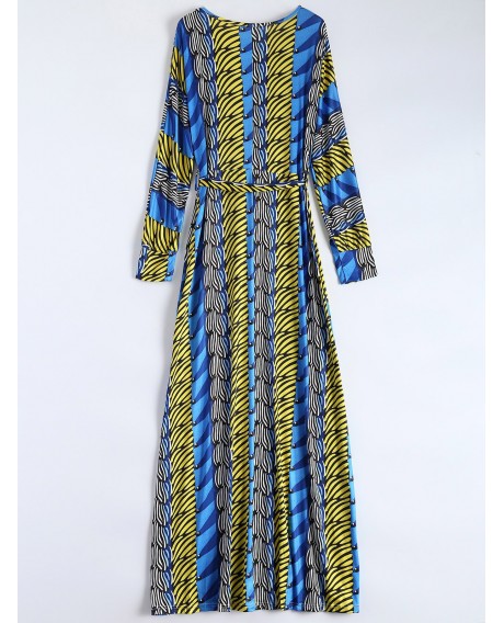 Plunge Long Sleeve Printed Maxi Dress - Sapphire Blue L