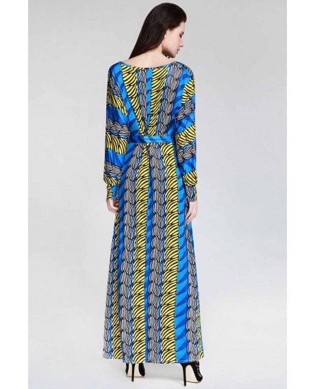 Plunge Long Sleeve Printed Maxi Dress - Sapphire Blue L