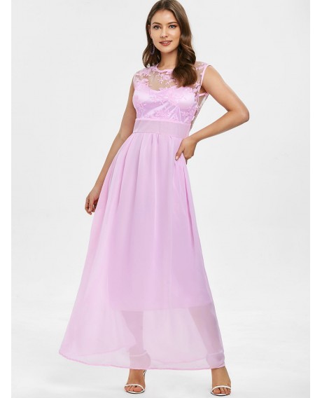 Lace Panel Maxi Prom Dress - Pig Pink M