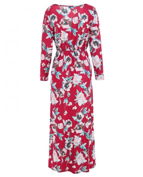 Floral Print Button Up Maxi Dress - Red M