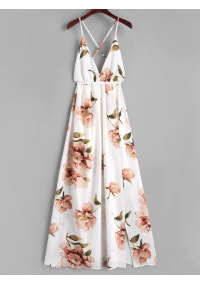 Criss Cross Slit Floral Maxi Dress - White S