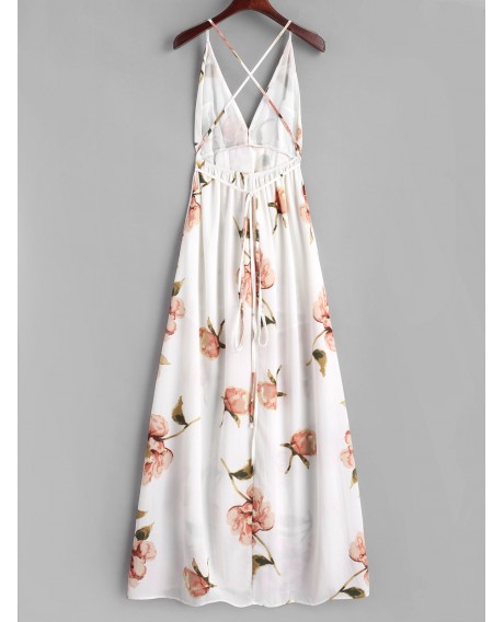 Criss Cross Slit Floral Maxi Dress - White S