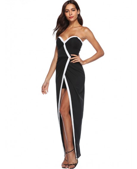 Contrast Piping Strapless Maxi Dress - Black Xl