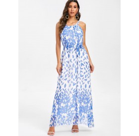Floral Print Belted Sleeveless Maxi Dress - Day Sky Blue L