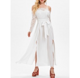 Shoulder Cut Lace Sleeve Long Dress - White L