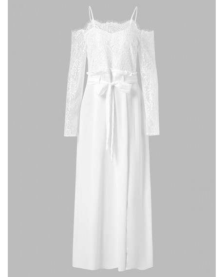 Shoulder Cut Lace Sleeve Long Dress - White L