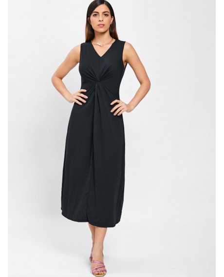 Crinkle Front Long Sleeveless Dress - Black S