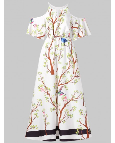 Floral Bird Print Cold Shoulder Maxi Dress - White M