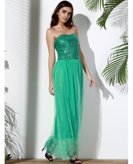 Strapless Sequin Long Swing Prom Evening Dress - Green M