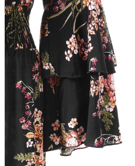 High Waist Tiny Floral Flounce Trim Dress - Black M