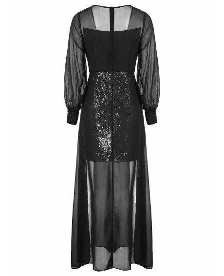 Sequin High Slit See Through Maxi Dress - Black M