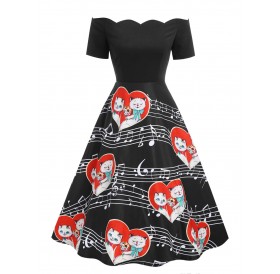 Valentines Day Cats Couple Print Off The Shoulder Dress - Black S