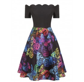Scalloped Butterfly Print Flare Dress -  M