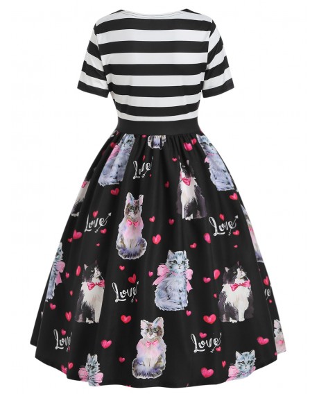 Cat Print A Line Vintage Dress -  S