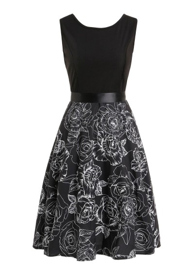 Printed Sleeveless Fit And Flare Vintage Dress - Black M