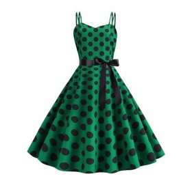 Polka Dot Belted Vintage Strappy Dress - Deep Green M