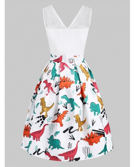 Dinosaur Print Lace Panel Vintage Dress - White 2xl