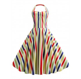 Halter Striped Flared Vintage Dress - Multi-a 2xl