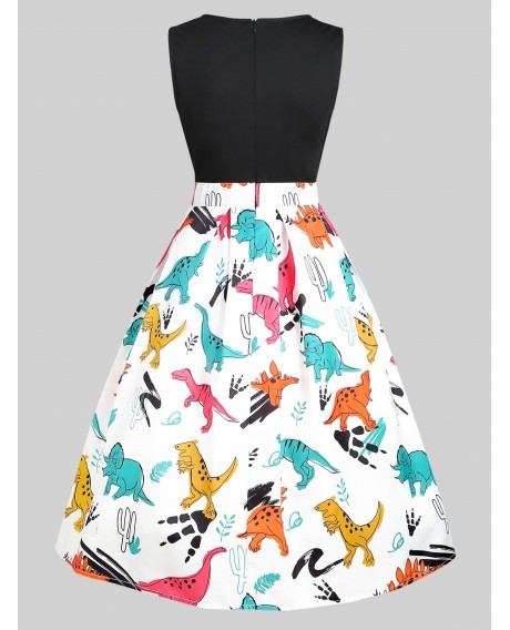 Dinosaur Print Sleeveless A Line Dress -  S