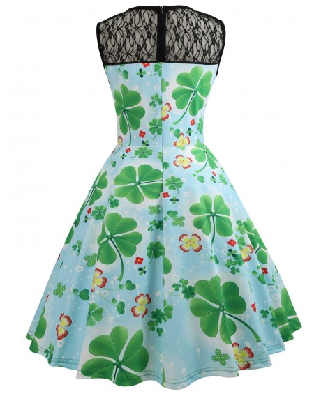 Lace Panel Leaves Print Flare Dress - Clover Green M