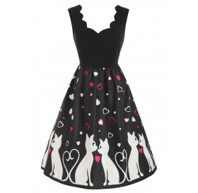 Valentine Cat Heart Sleeveless Dress - Black S