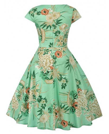 Floral Print Surplice A Line Dress - Algae Green M
