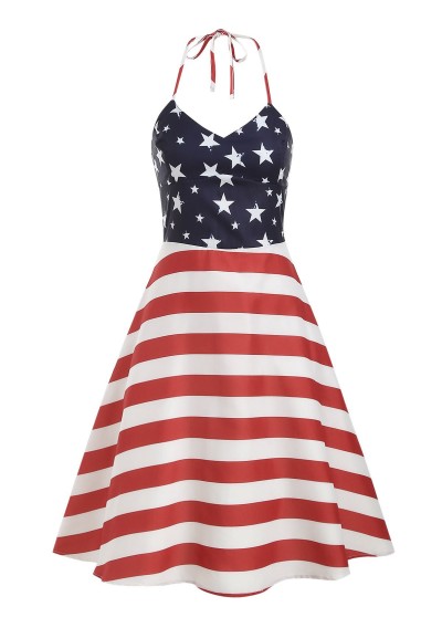 High Waist American Flag Print Halter Dress -  S
