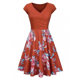 V Neck Floral Print Vintage Surplice Dress - Pumpkin Orange L
