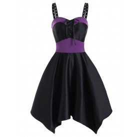 Grommet Two Tone Lace Up Asymmetrical Dress - Dark Orchid S